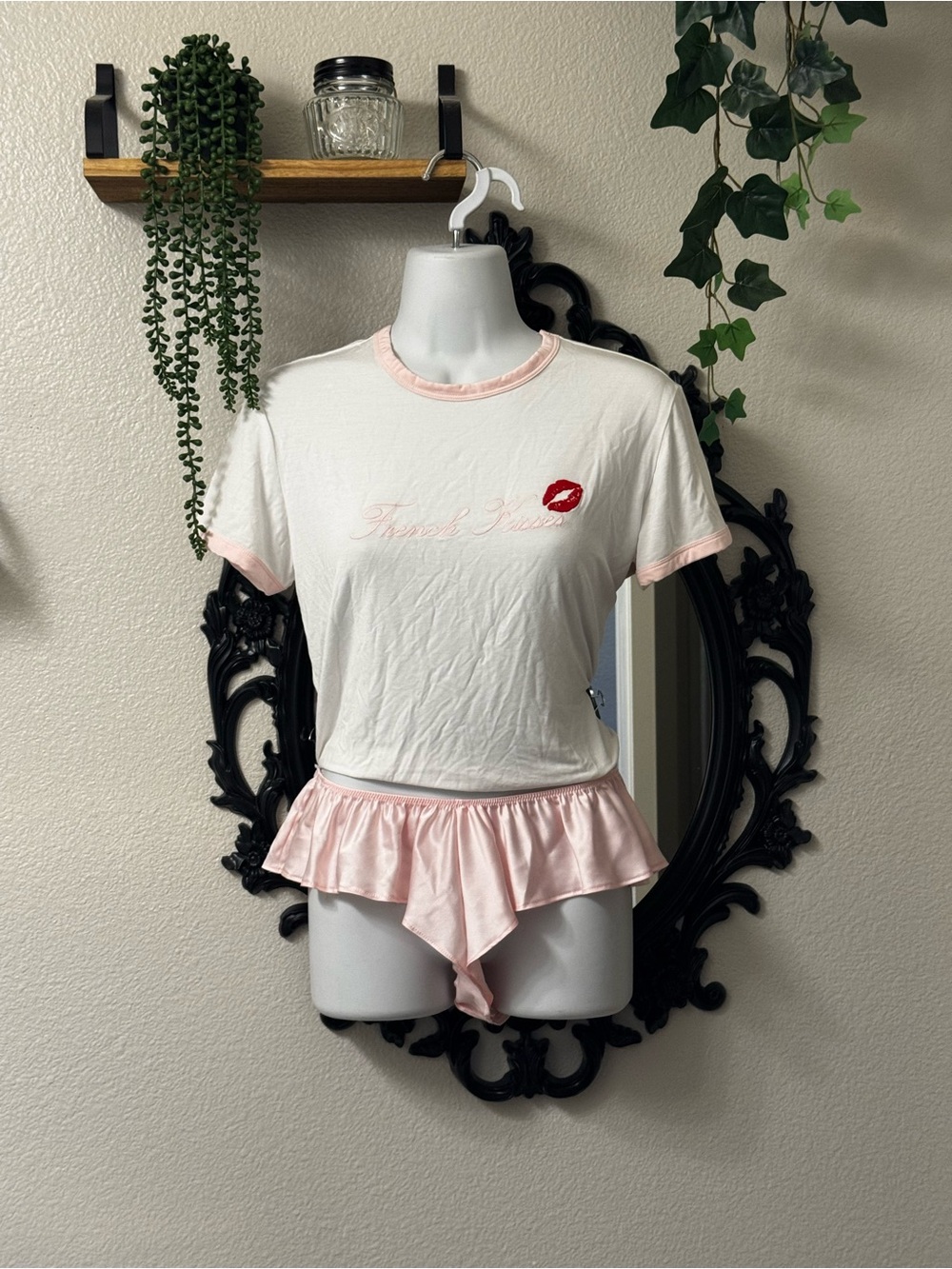 Victoria's Secret White Tee and Pink Satin Ruffle Pajama Set